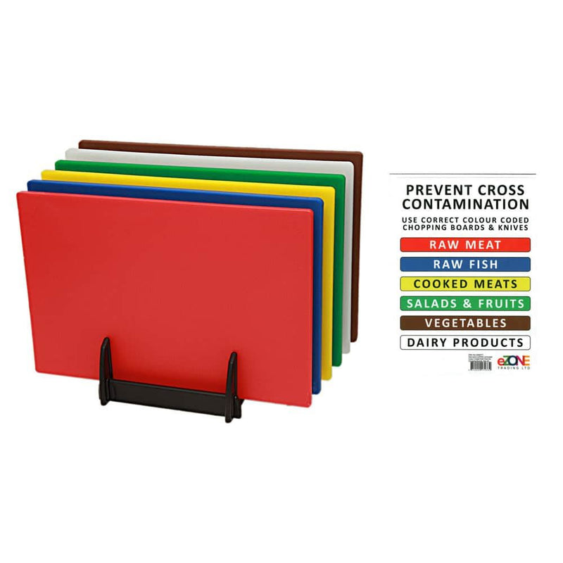 Set Kitchen of 6X Standard Low Density Chopping Board Colour Coded with rack and chart