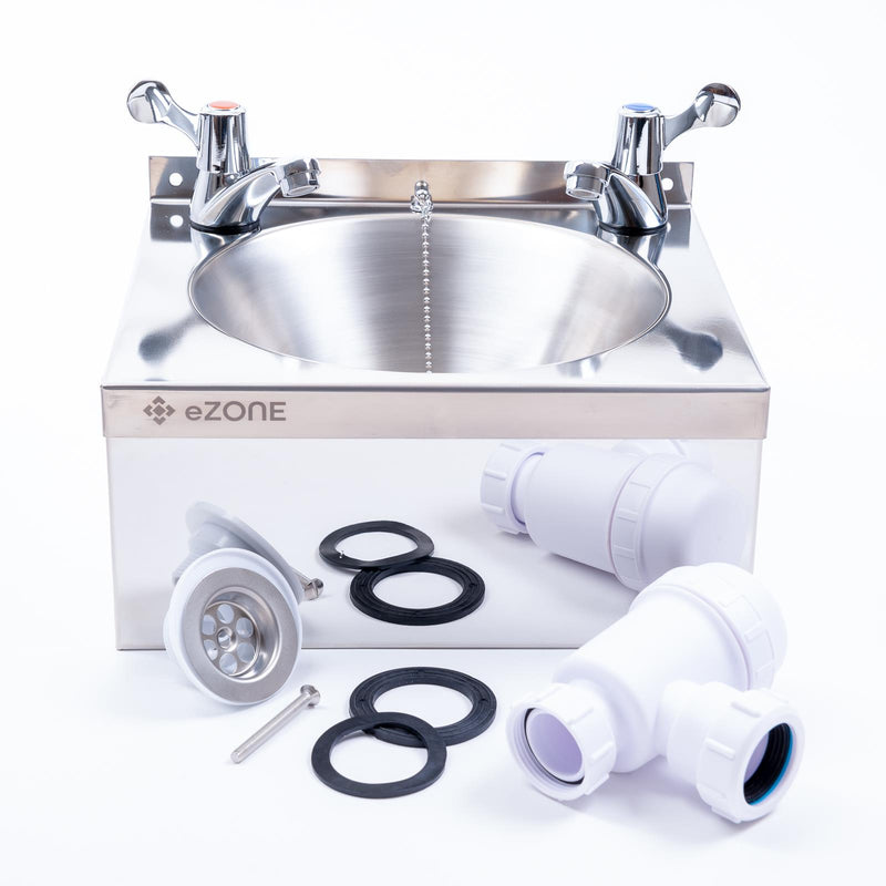 Commercial Stainless Steel Hand Wash Basin 385x335mm with Lever Taps Waste Kit