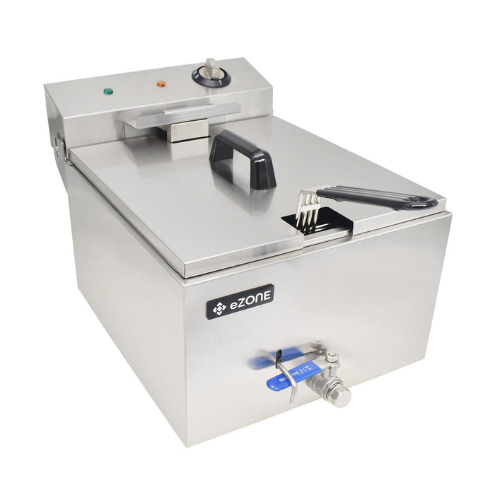 eZone Commercial Electric Fryer Single Tank 7Ltr 3kW 13A UK Plug Countertop Heavy Duty Stainless Steel with Oil Drain Ideal for Restaurants Takeaways