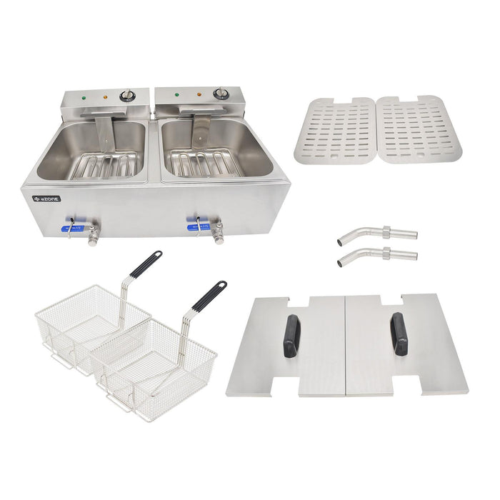 eZone Commercial Electric Fryer Single Tank 2x7Ltr 2x3kW 2x13A UK Plug Countertop Heavy Duty Stainless Steel with Oil Drain Ideal for Restaurants Takeaways