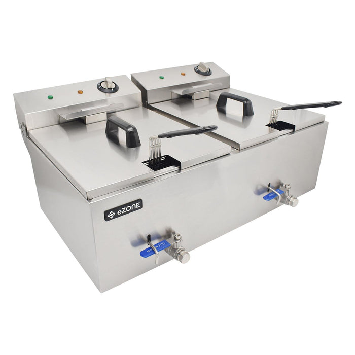 eZone Commercial Electric Fryer Single Tank 2x7Ltr 2x3kW 2x13A UK Plug Countertop Heavy Duty Stainless Steel with Oil Drain Ideal for Restaurants Takeaways