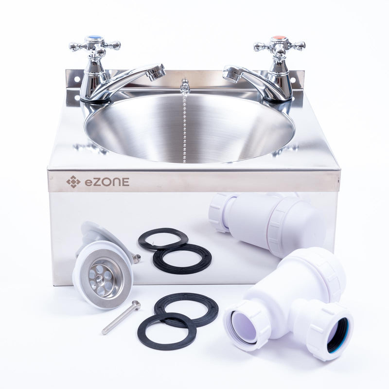 Commercial Kitchen Stainless Steel Wall Hand Wash Basin Sink with Cross Taps & Waste Kit