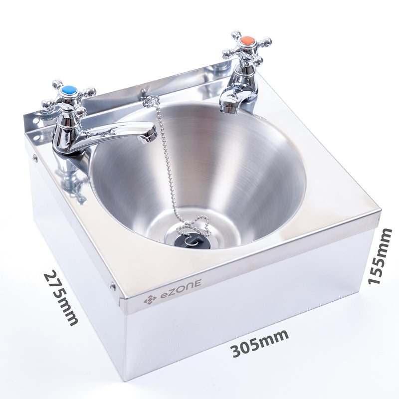 Commercial Kitchen Stainless Steel Wall Hand Wash Basin Sink with Cross Taps & Waste Kit