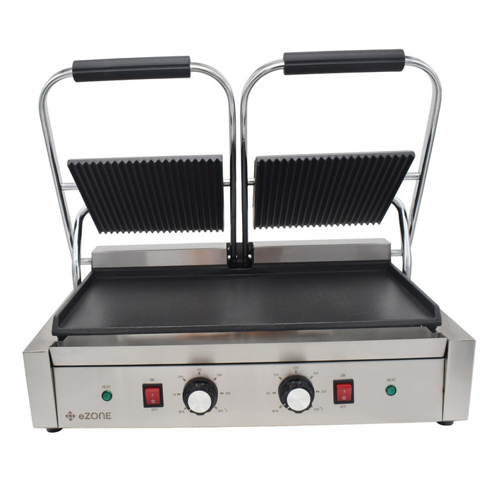 eZone Commercial Twin Contact Grill Panini Maker Ribbed/Flat 2x1.8kW 230V