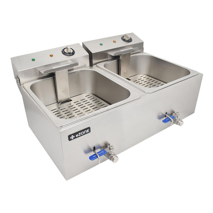 eZone Commercial Electric Fryer Single Tank 2x7Ltr 2x3kW 2x13A UK Plug Countertop Heavy Duty Stainless Steel with Oil Drain Ideal for Restaurants Takeaways
