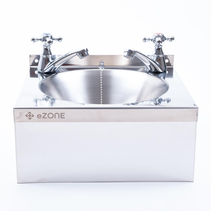 Commercial Kitchen Stainless Steel Wall Hand Wash Basin Sink with Cross Taps & Waste Kit