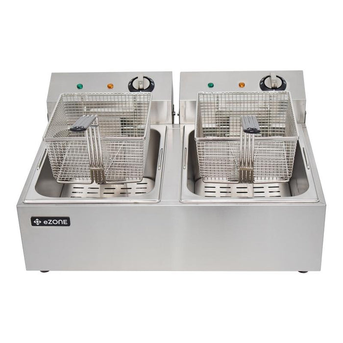 eZone Commercial Electric Fryer Single Tank 2x5Ltr 2x3kW 2x13A UK Plug Countertop Heavy Duty Stainless Steel Ideal for Restaurants Takeaways