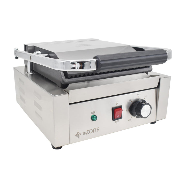 eZone Commercial Single Contact Grill Panini Maker Ribbed/Flat 1.8kW 230V