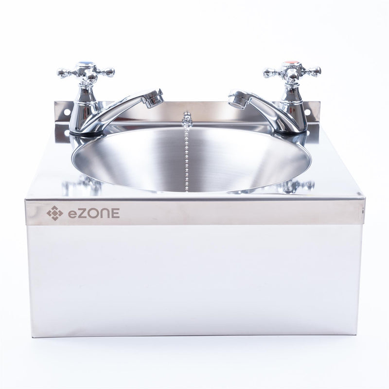 Commercial Stainless Steel Hand Wash Basin 385x335mm with Cross Taps Waste Kit