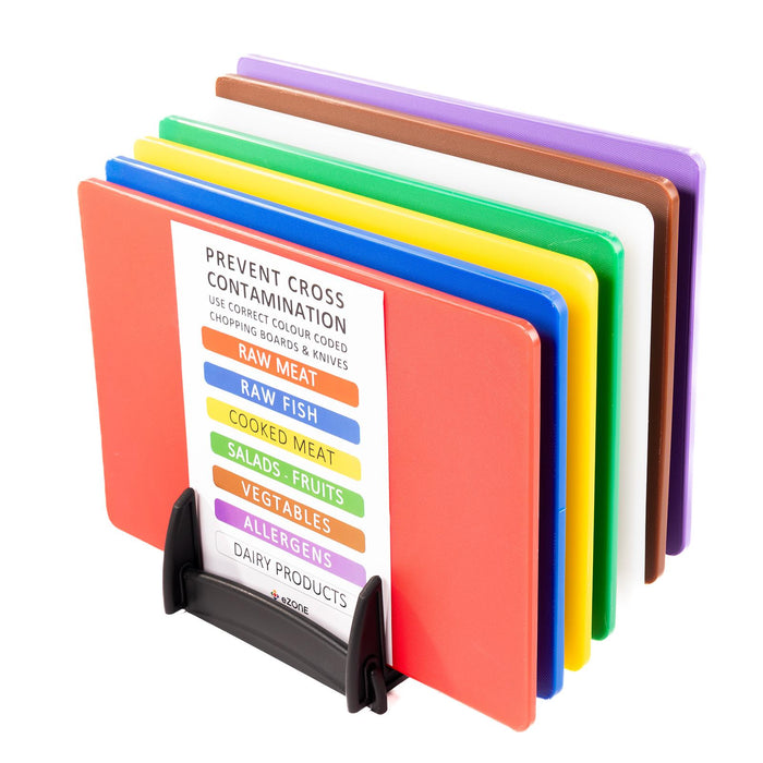 7x eZone Commercial Kitchen Chopping Boards 45x30cm Multi-Colour w/ Rack & Chart