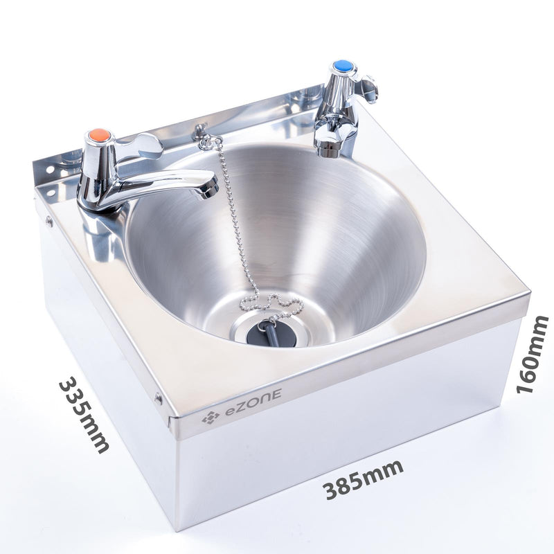 Commercial Stainless Steel Hand Wash Basin 385x335mm with Lever Taps Waste Kit