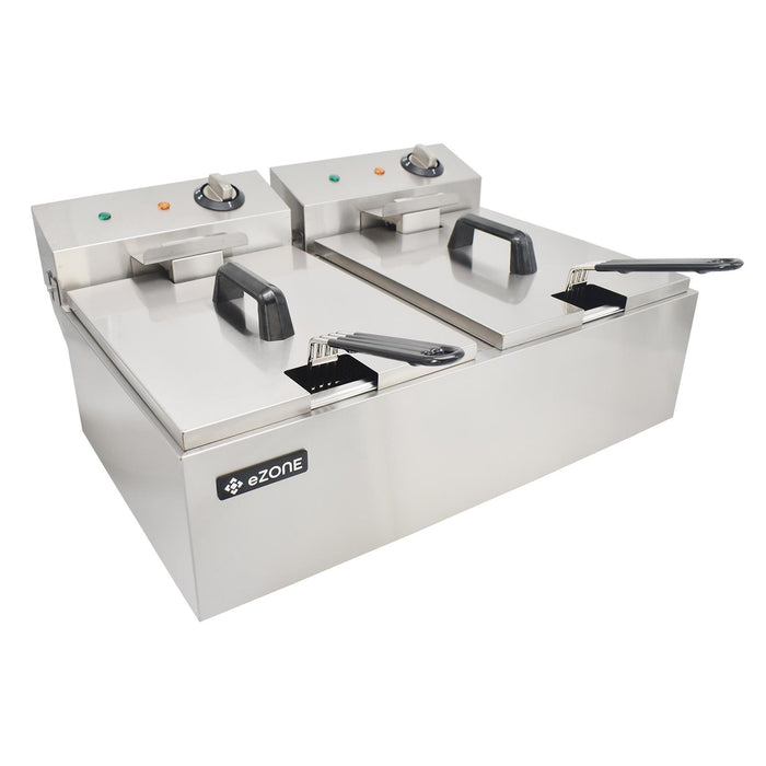 eZone Commercial Electric Fryer Single Tank 2x5Ltr 2x3kW 2x13A UK Plug Countertop Heavy Duty Stainless Steel Ideal for Restaurants Takeaways