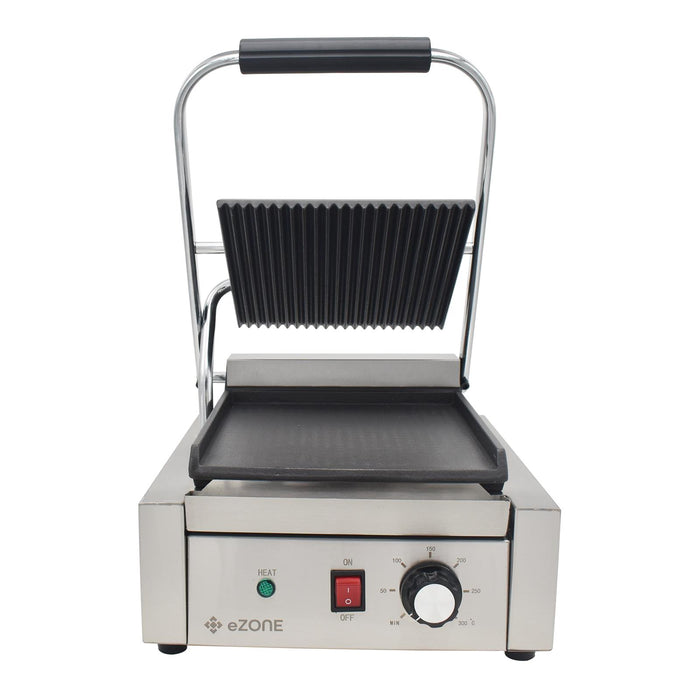 eZone Commercial Single Contact Grill Panini Maker Ribbed/Flat 1.8kW 230V