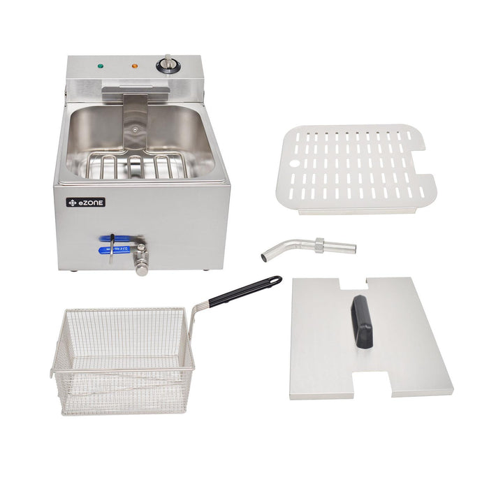 eZone Commercial Electric Fryer Single Tank 7Ltr 3kW 13A UK Plug Countertop Heavy Duty Stainless Steel with Oil Drain Ideal for Restaurants Takeaways